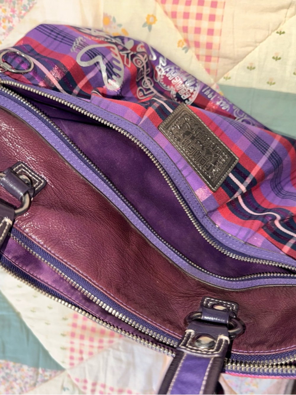 Coach Poppy Y2K Purple Plaid Travel Tote Bag with Zipper - Picture 5 of 5